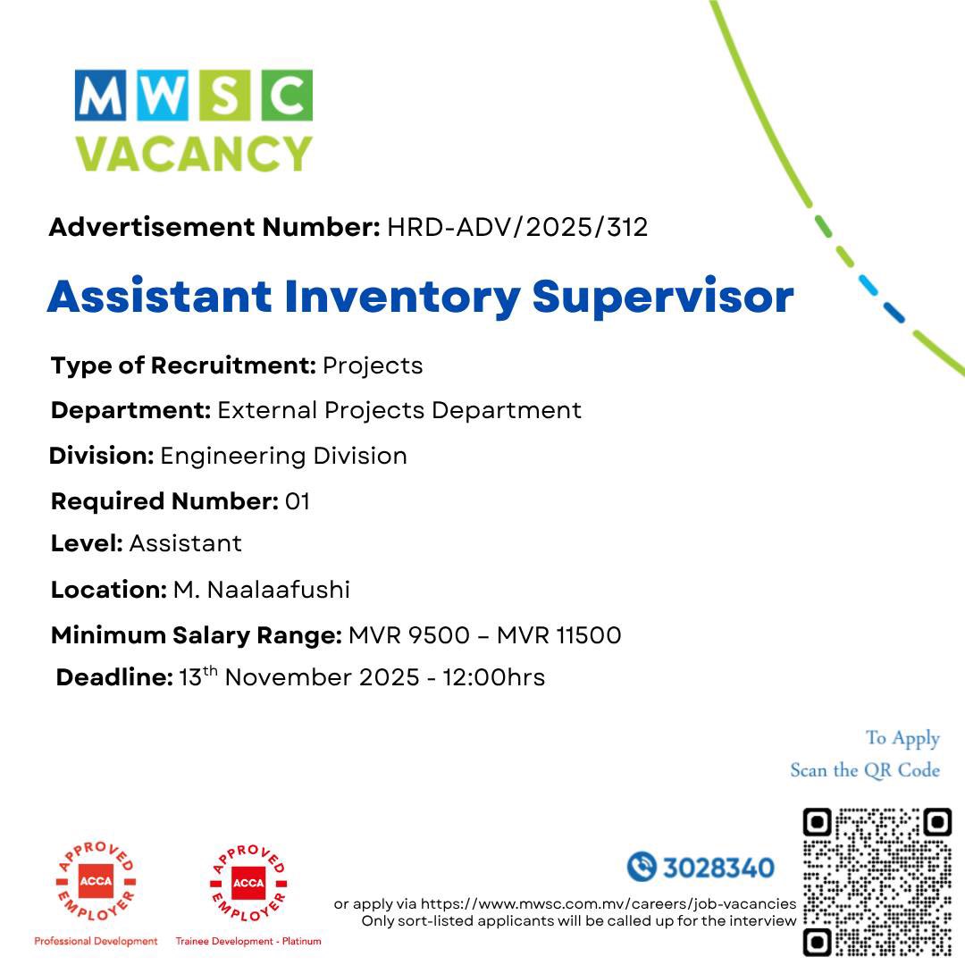 Be a part of MWSC!               
Apply now: mwsc.com.mv/careers/job-va…
#TeamMWSC