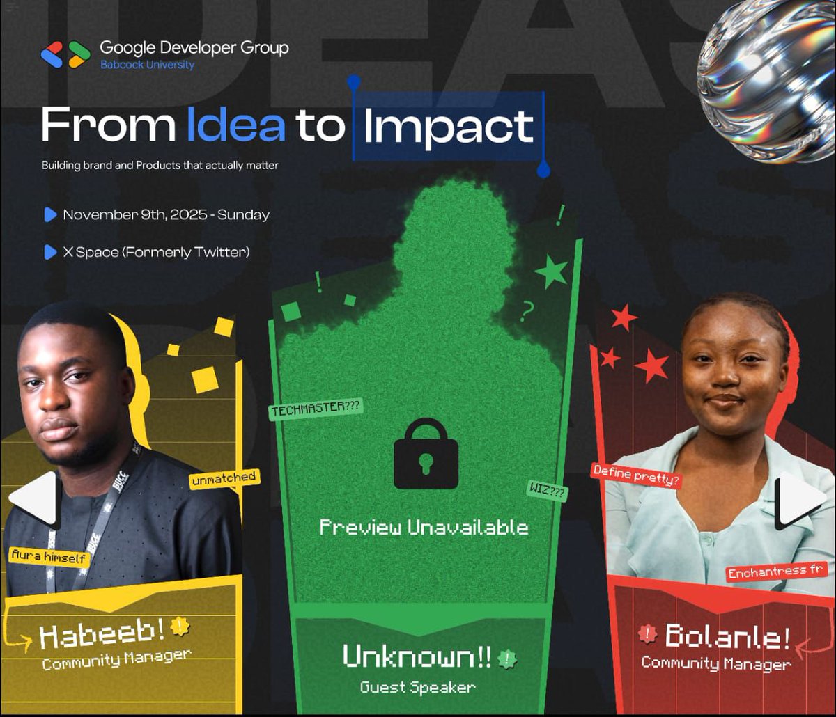 Big ideas, real impact.

Join us this Sunday on space as we uncover how to transform our ideas into meaningful action. Our first space hit 180+ listeners and for the next, we’re raising the stakes!

We’ve got a mystery speaker joining us, don’t be shy to guess in the comments!