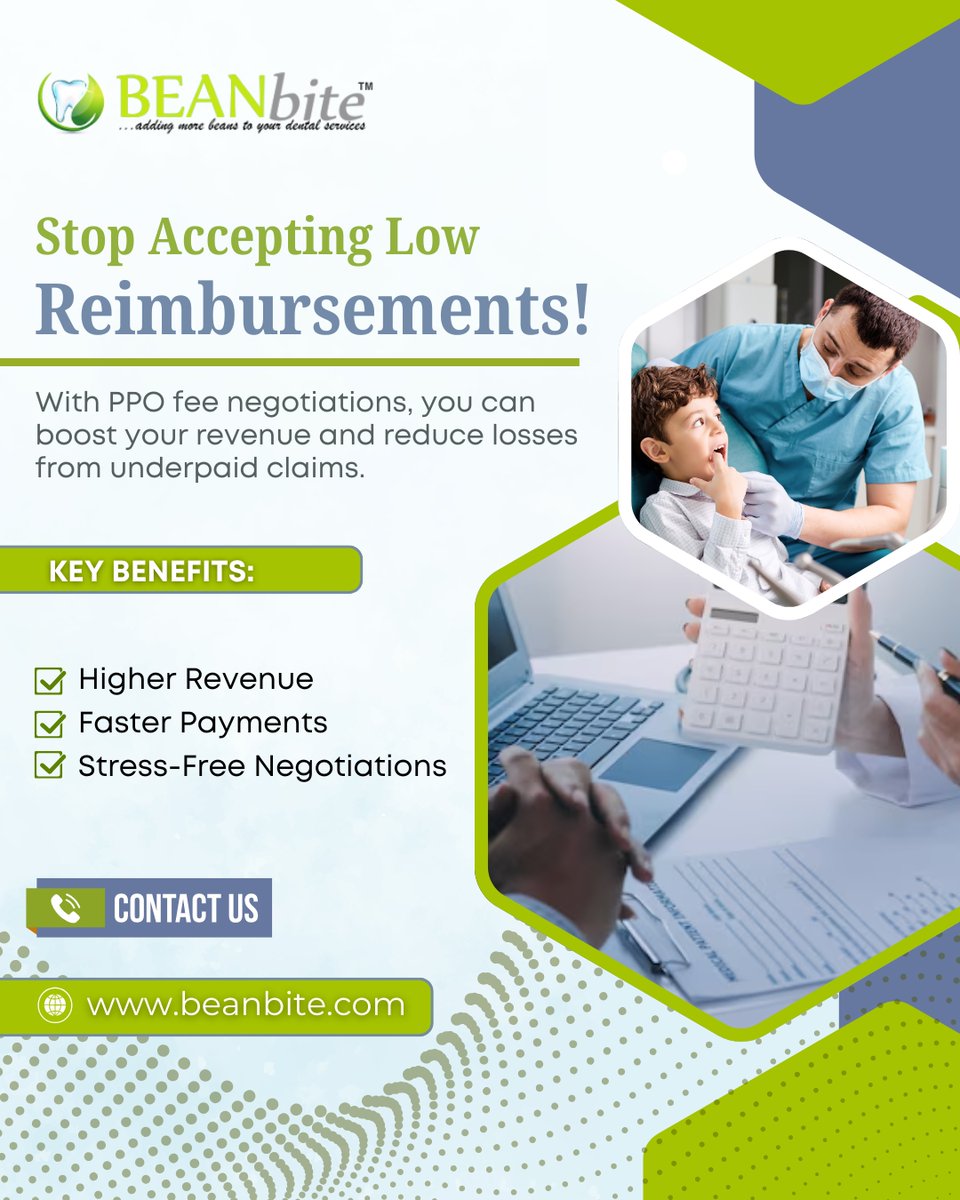 BEANbite's tweet image. 💰 Stop Low Reimbursements! Boost revenue with PPO fee negotiations.✅Stress-Free✅Higher Revenue✅Faster Payments. Let us handle the numbers while you focus on patient care!📞(424) 262-9055🌐 beanbite.com #DentalRevenue #PPONegotiations #FasterPayments #BEANbite