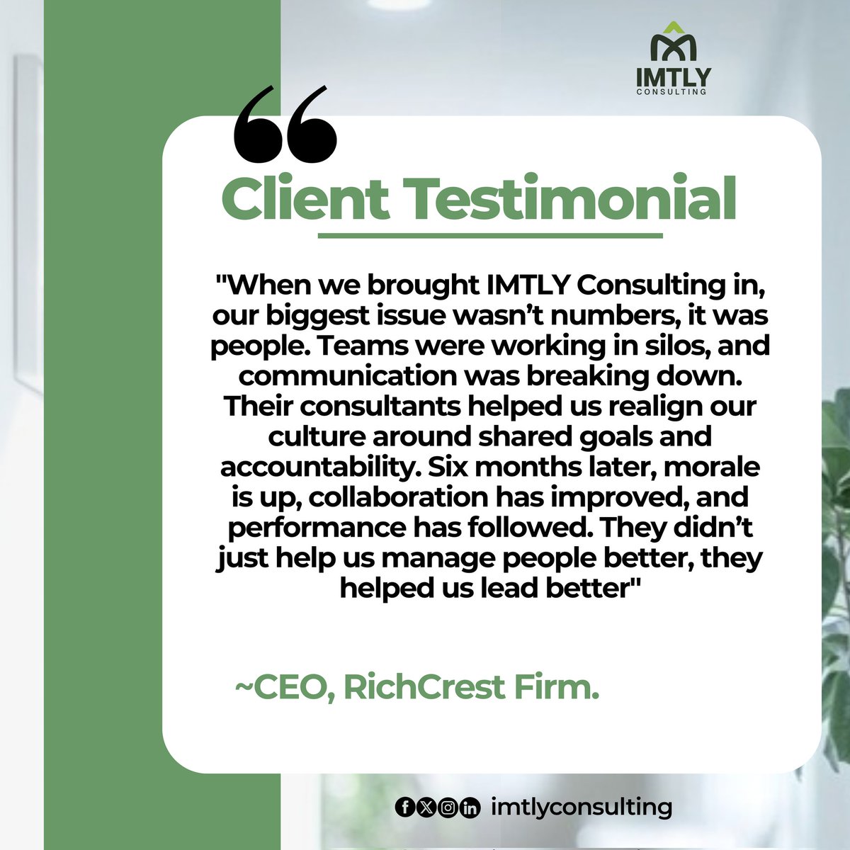 imtly_llc's tweet image. Culture eats strategy for breakfast, but we help you master both.

At IMTLY Consulting, we build alignment from the inside out.

#IMTLYConsulting #OrganizationalCulture #LeadershipStrategy #TeamAlignment