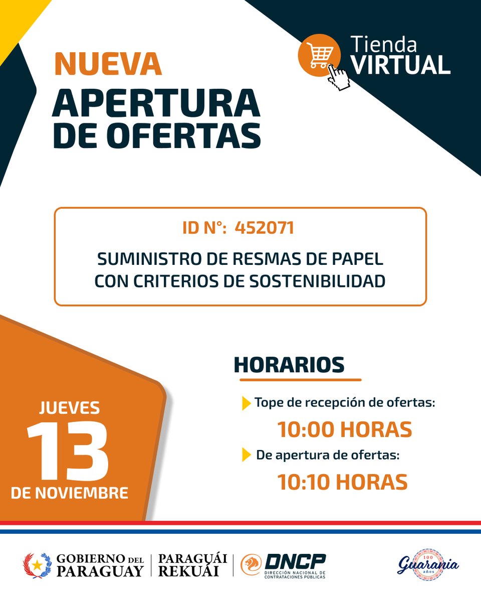 📌 Nueva fecha de apertura de ofertas:

🔶 Convenio Marco ID N° 452071.
♻️ "Suministro de Resmas de Papel con Criterios de Sostenibilidad".
🗓️ Jueves 13 de noviembre - 🕙 10:10 hs.

Encontrá más detalles del llamado en 
🔗 bit.ly/convenio-resmas
#TiendaVirtual
