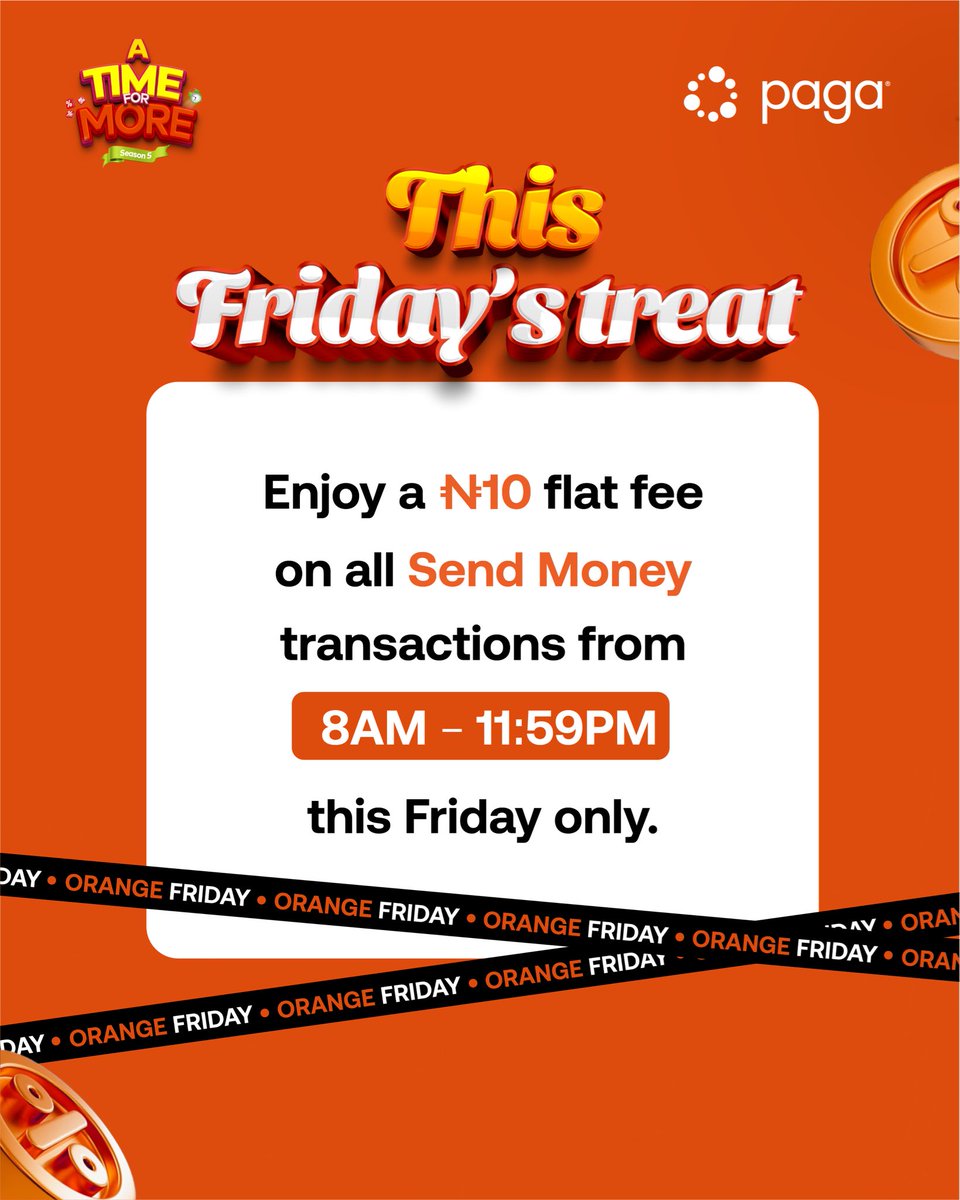 We’re painting all Fridays in November ORANGE with sweet deals 🧡

This Friday, enjoy a flat charge of ₦10 every time you send money with your Paga App.

Don’t dull. Send more, spend less.

#OrangeFriday #PagaIt #JustPagaIt #BlackFriday #Paga #TwoWorldsOneWallet