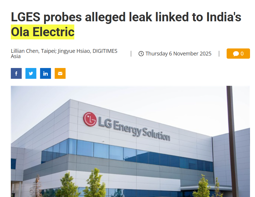 A former senior researcher from LG Energy Solution’s China facility allegedly stole high-density pouch-type battery technology and sold it to Ola Electric (India)

Ola Electric being both a client and alleged recipient makes this messier.

Korea, China, and India compete in the