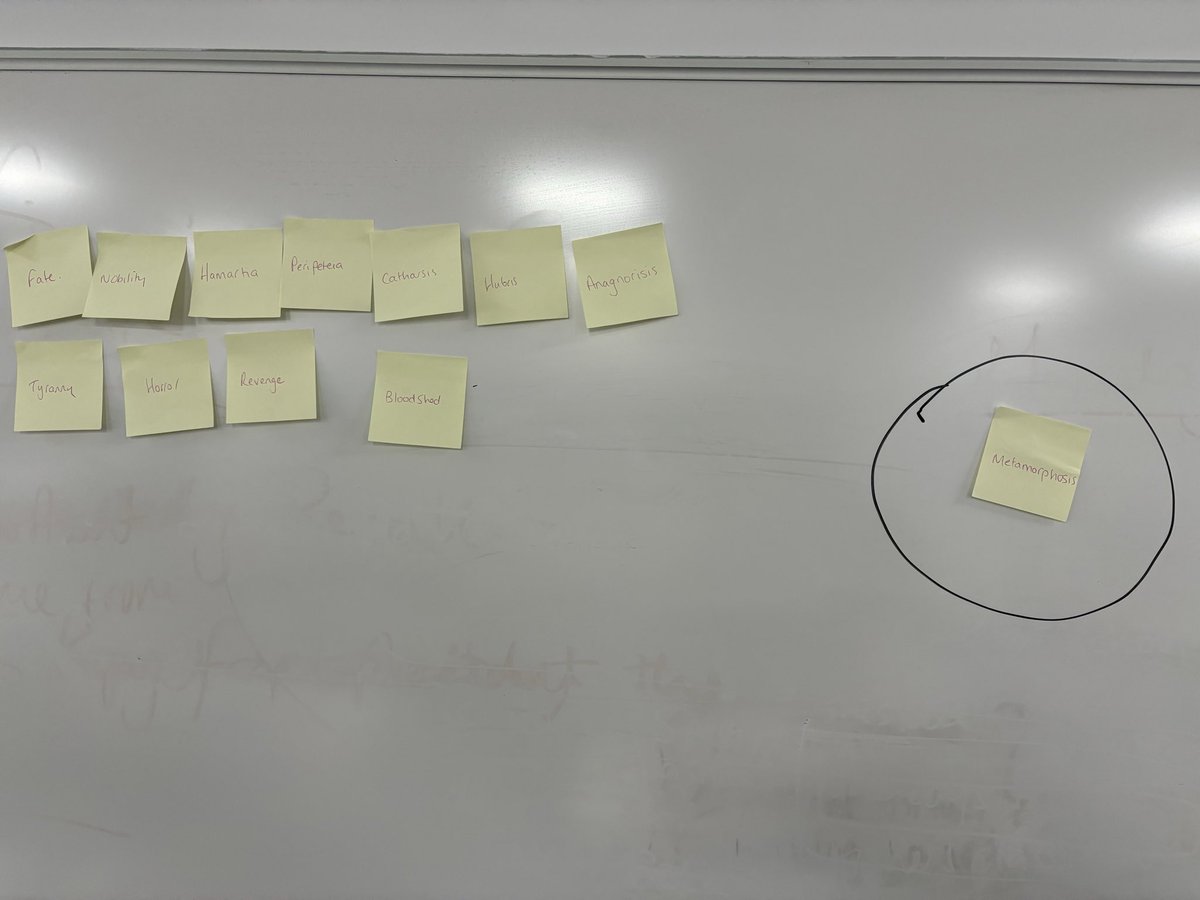 Another ‘odd word out’ knowledge recall for Yr 12. ‘Metamorphosis’ was the odd word out as the only word not linked to a classical convention of tragedy. 🎭 

Some great discussion on the difference between anagnorisis and metamorphosis. 

#StCuthbertsFormingGreatMen