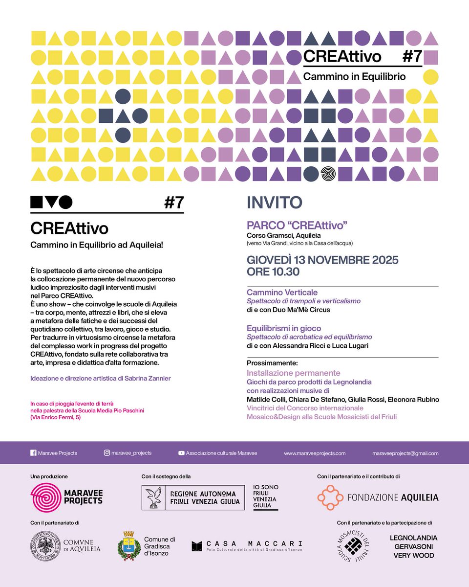 Giovedì 13 novembre, lo spettacolo di arte circense "CAMMINO IN EQUILIBRIO AD AQUILEIA" di Maravee Projects 🤡