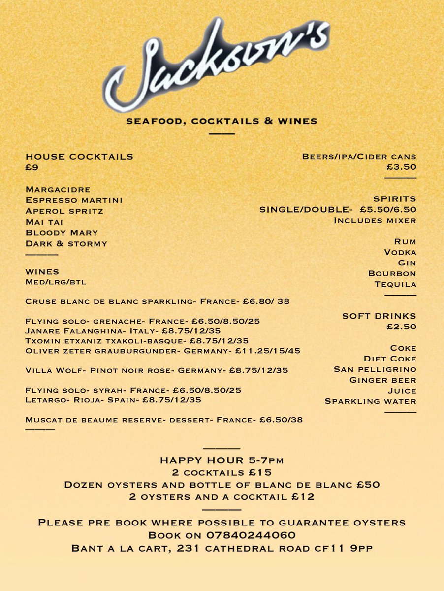 We’re open in pontcanna this &amp; every Saturday serving our menu of seafood, wines and cocktails. WE ARE ALSO SERVING OUR TASTING MENU!!

Booking for tasting menu and specials is essential as we only open at the weekend. Pop in for drinks and bar food

BOOK NOW
07840244060