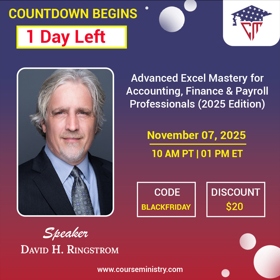 CourseMinistry's tweet image. Countdown Begins:  1 Day Left!
 
Join David H. Ringstrom, a renowned Excel expert, for an exclusive live webinar 
 
Date &amp;amp; Time: November 07, 2025 | 01 PM ET
Don’t miss the promo code &quot;BlackFriday&quot; and avail a flat $20 discount on your purchase. 
 
#ExcelTraining #FinanceTips
