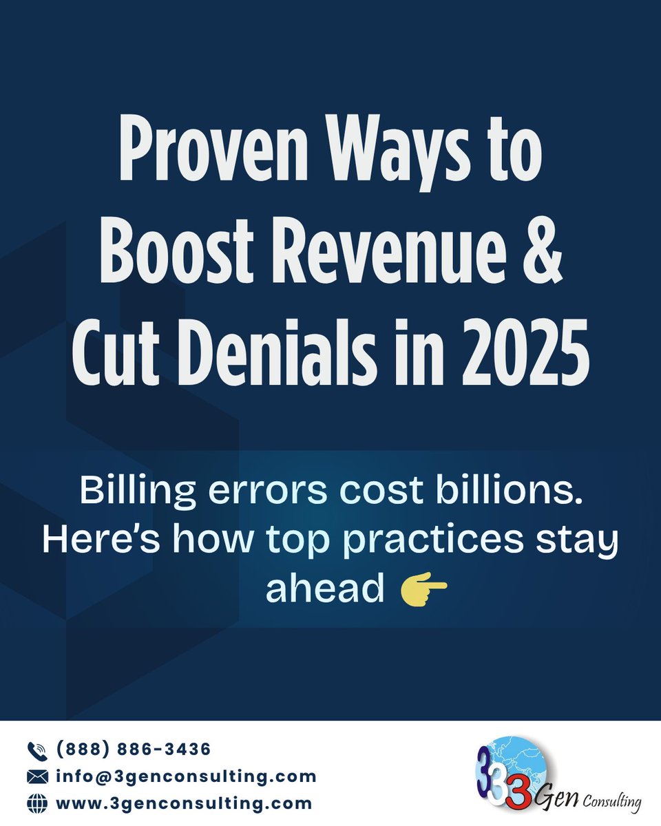 3gen_consulting's tweet image. Billing errors cost U.S. providers billions — and most are preventable. 💸

From outdated codes to missed checks, small mistakes cause big denials.

See 7 best practices to stay compliant &amp;amp; get paid faster 👉 bit.ly/4nFhtvy

#MedicalBilling #MedicalCoding #3GenConsulting