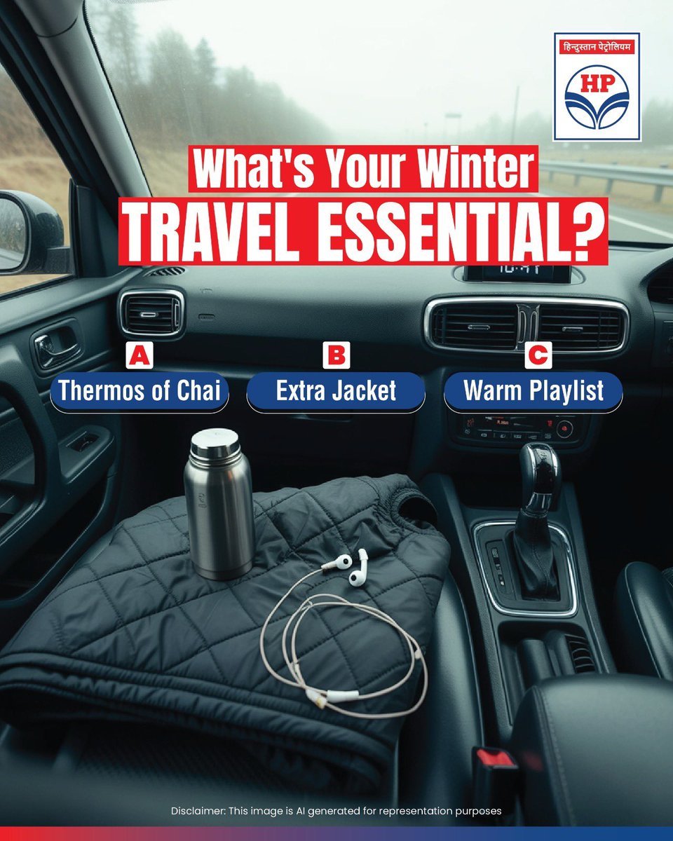 HPCL's tweet image. Every winter drive has its must-haves — is it the chai, the jacket, or the perfect playlist? ❄️🚗

We’d love to know yours!

#HPCL #DeliveringHappiness #Winter #TravelEssentials