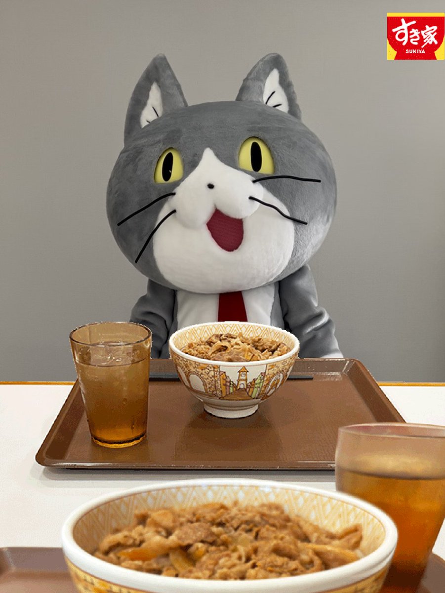 kumamine_kobo's tweet image. 流行っている「推しとすき家」画像、 
仕事猫もやってみました。 
落ち着いて座っています。ヨシ！
  #すき家 #仕事猫 #くまみね工房