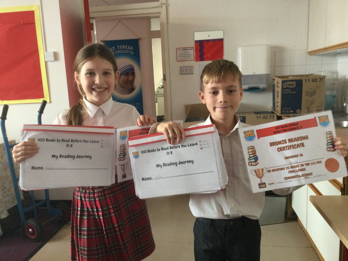 Congratulations to Kamdi and Alessia in Y2 and Albie in Y5 for achieving the Bronze Award in our "100 Books to Read Before You Leave St B" Challenge by reading 25 books, and Buzz in Y4 and Natalia in Y5 for achieving the Silver Award by reading 50 books!