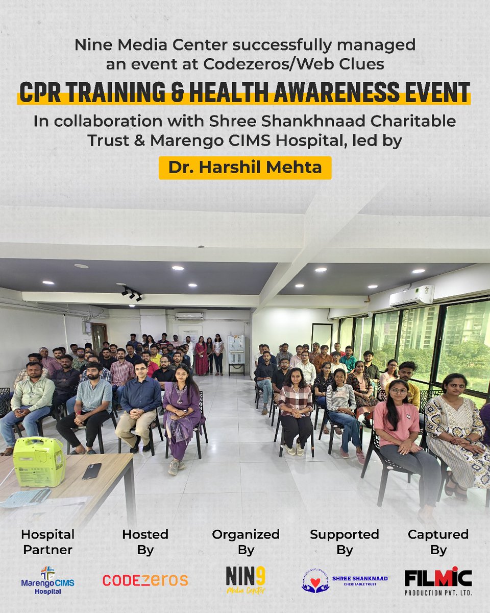 ninemediacenter's tweet photo. Nine Media Center successfully managed the CPR Training &amp; Health Awareness Event at Codezeros/Web Clues with Shree Shankhnaad Charitable Trust &amp; Marengo CIMS Hospital, led by Dr. Harshil Mehta. 💪

Empowering lives with life-saving skills &amp; health awareness! ❤️‍🩹
#CPRTraining https://t.co/2COAPrJeFh