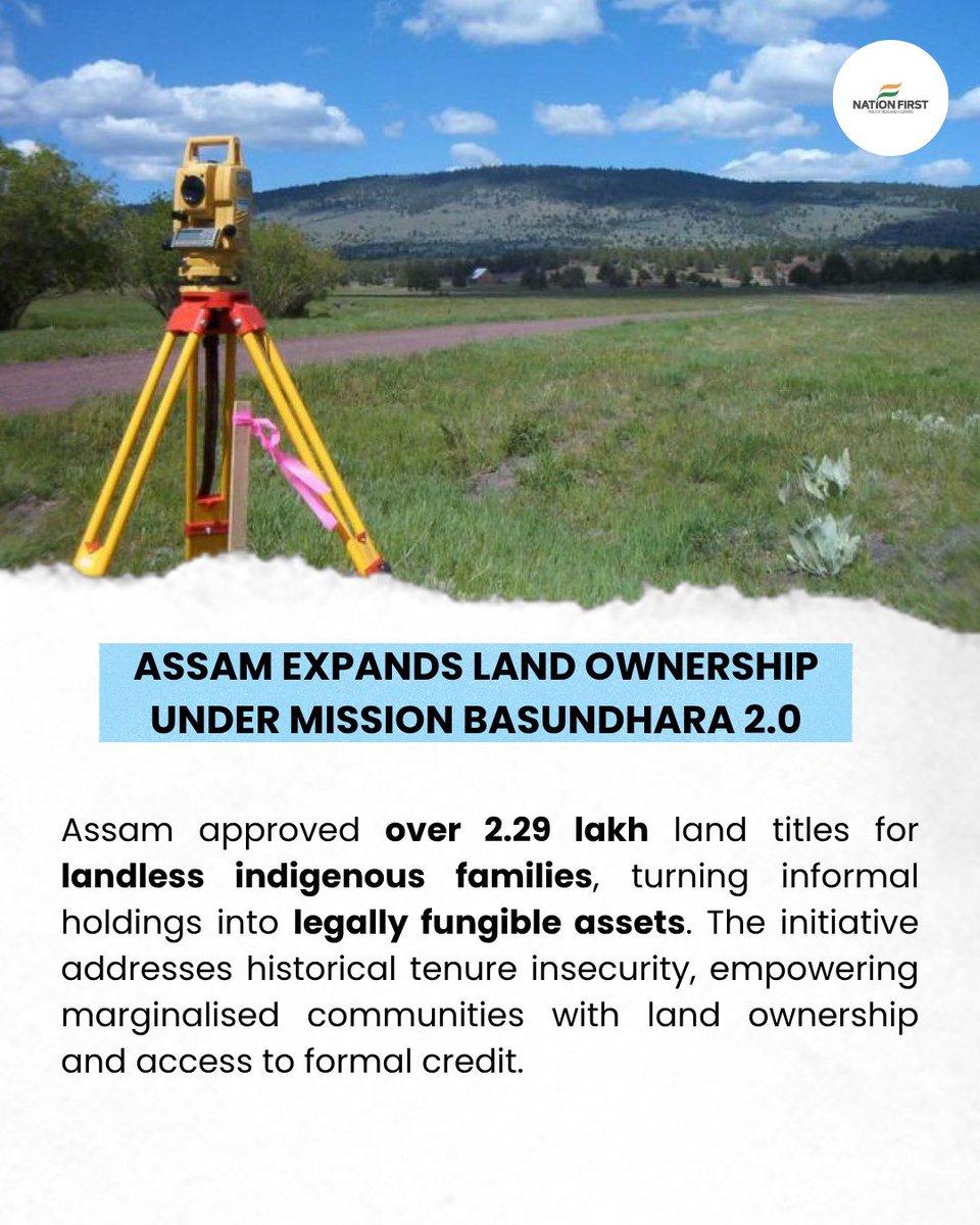 NFPRC_LR's tweet image. 4/ 🏡 Assam’s Mission Basundhara 2.0 granted 2.29 lakh land titles to landless indigenous families.

It turns informal land holdings into legal, bankable assets thereby empowering communities and improving rural credit access.

#Assam #LandReforms #Inclusion