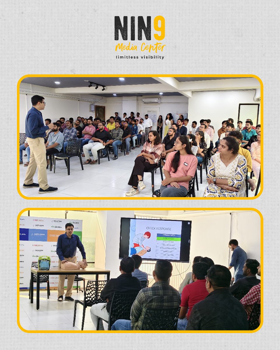 ninemediacenter's tweet photo. Nine Media Center successfully managed the CPR Training &amp; Health Awareness Event at Codezeros/Web Clues with Shree Shankhnaad Charitable Trust &amp; Marengo CIMS Hospital, led by Dr. Harshil Mehta. 💪

Empowering lives with life-saving skills &amp; health awareness! ❤️‍🩹
#CPRTraining https://t.co/2COAPrJeFh