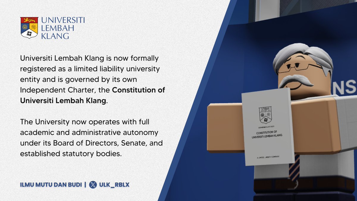 ULK_RBLX's tweet photo. It’s official! ULK is now a registered university with its own Independent Charter. Powered by integrity, knowledge, and service. We move forward as a fully autonomous institution. https://t.co/LIDOiAjXWi