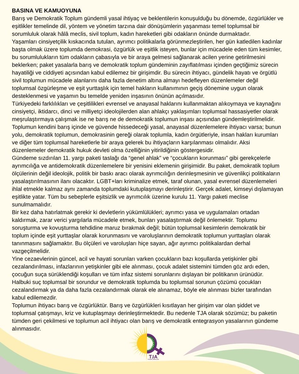 TJA olarak 11. Yargı Paketine HAYIR diyoruz!

Toplumun ihtiyacı baskı yasaları değil, barış ve demokratik entegrasyon yasalarıdır.

Gerçek adalet; eşitlikte, özgürlükte ve demokrasidedir.

#11YargıPaketi