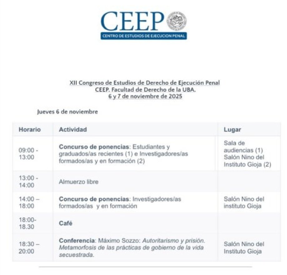 Es hoy!
Congreso de Ejecución Penal en <a href="/DerechoUBA/">Facultad de Derecho</a>.
Jornada de ponencias.
Toca Sozzo a las 18.30h.

Todxs invitadxs!!!
