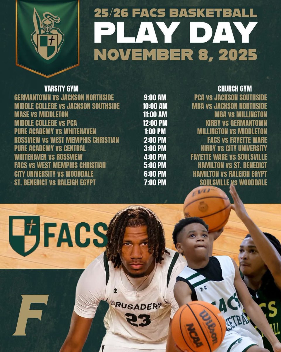 We are ready for basketball! 🏀🏀Join FACS Varsity basketball for our Play Day this Saturday! FACS vs Fayette Ware @ 2pm! FACS vs West Memphis Christian at 5pm! Be there! 

#WeAreFACS 
#CrusaderBasketball