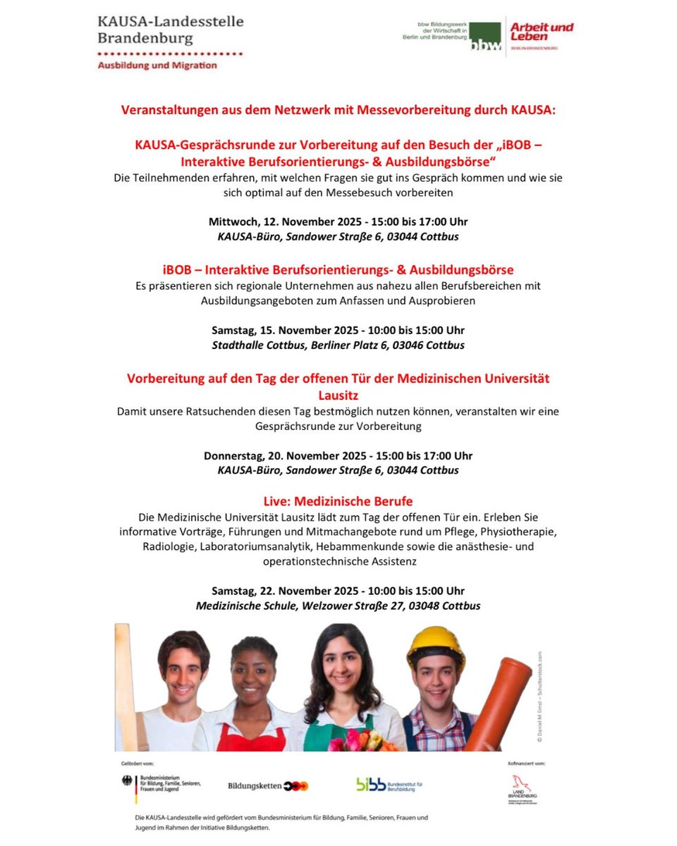 Unser Berufsorientierungs-Newsletter im November ist da!

In dieser Ausgabe geben wir eine Übersicht über aktuelle Veranstaltungen – von uns und aus dem Netzwerk.
👉 Mehr dazu: kausa-brandenburg.de/ausbildungsuch…
#berufsorientierung #ausbildung #zukunft #migration