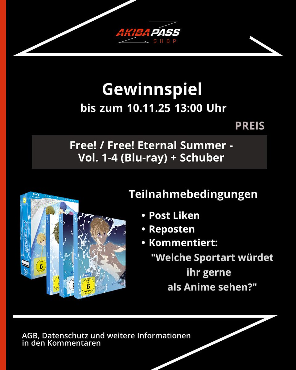 Wir verlosen das Komplettset zu Free! &amp; Free! Eternal Summer.
Begleite Haru, Makoto &amp; das Iwatobi Swim Team auf ihrem Weg durch Freundschaft, Rivalität und jede Menge Emotionen🌊

Die Gewinnspielbedingungen und AGBs sind im Bild und in den Kommentaren.