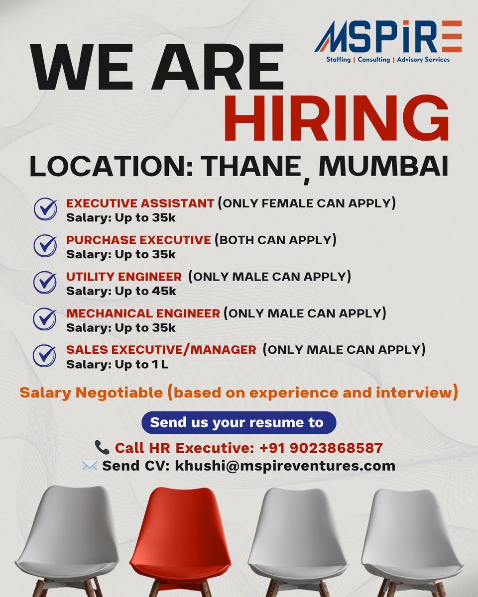 mspireventures's tweet photo. 🚀 WE ARE HIRING IN THANE – MUMBAI!

Multiple openings are available!

💰 Salary depending on role &amp; experience
📩 Send your resume today &amp; grab the opportunity!

📞 Call HR Executive: +91 9023868587
✉️ Send CV: khushi@mspireventures.com

#HiringNow #ThaneJobs #MumbaiJobs https://t.co/KWjSf4QxIV