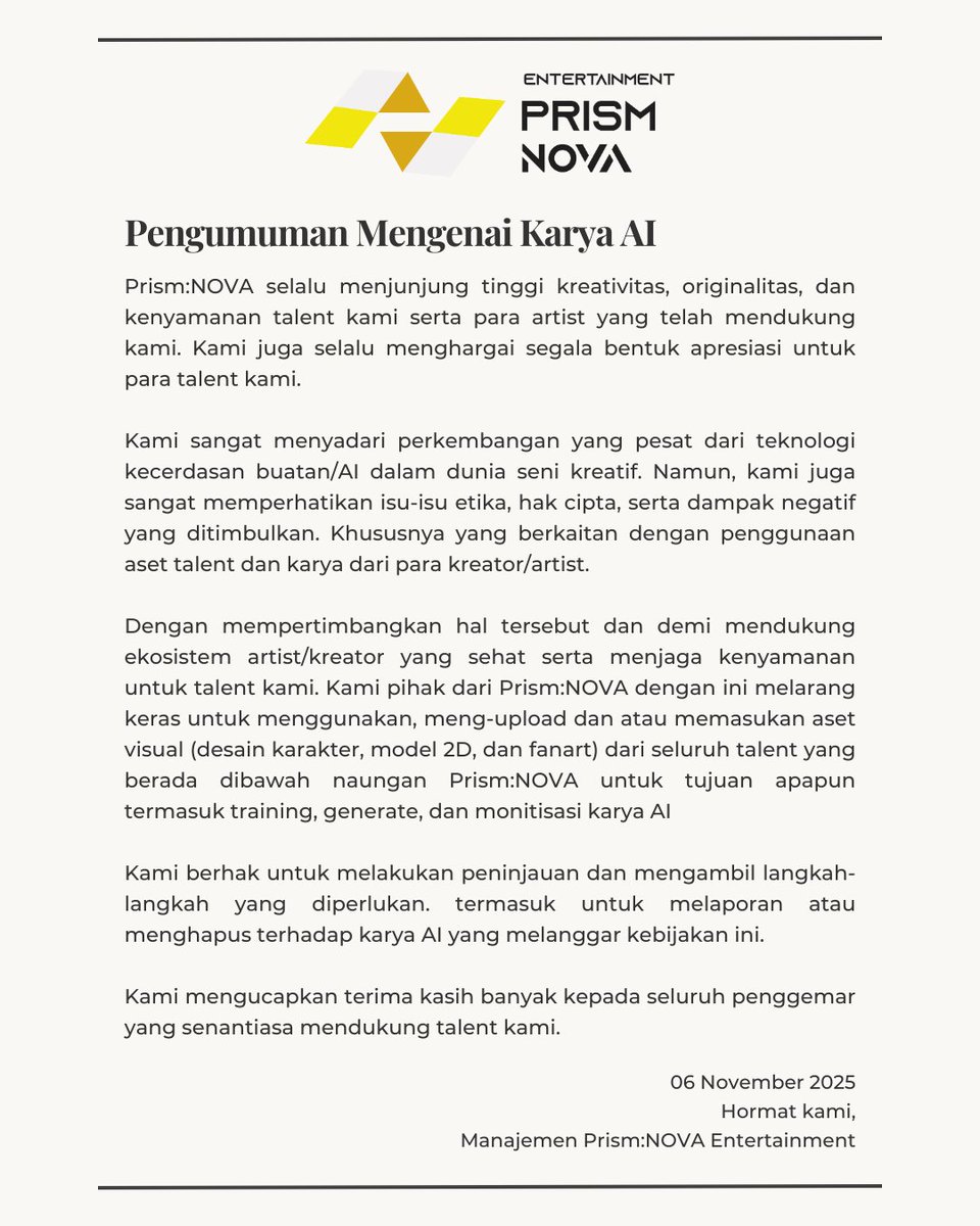 Pengumuman Prism:NOVA Terhadap Karya AI.    

#PrismNOVA