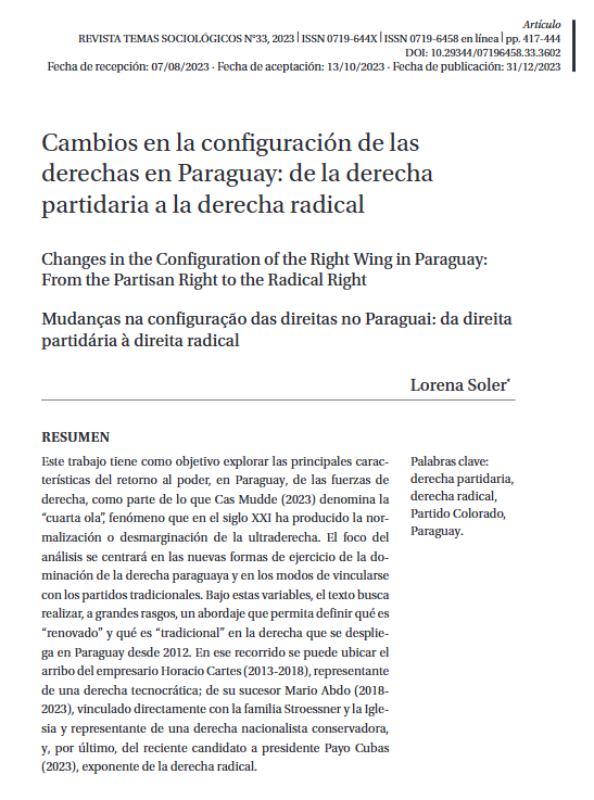 ¡Feliz viernes comunidad! 😎

Les invitamos a leer "Cambios en la configuración de las derechas en Paraguay: de la derecha partidaria a la derecha radical", de Lorena Soler.

¡Disfruten su lectura! 👇👇👇

ediciones.ucsh.cl/index.php/TSUC…