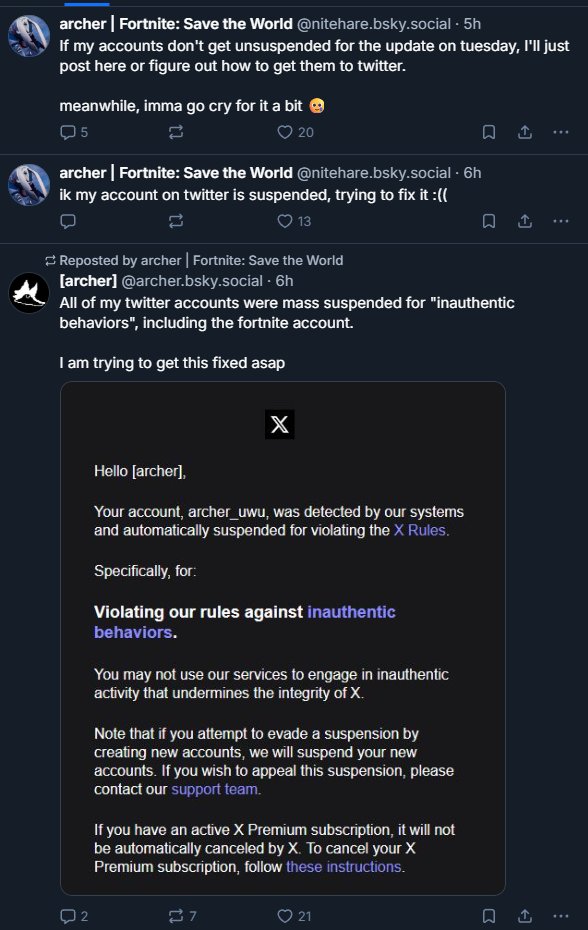 I just woke up and saw it too
Archer's accounts all got suspended and in the meantime he posted on his Bluesky accounts for updates. 
I think it was a targeted suspension (imo) even tho it could just be AI moderation automatic banwave being awful, and it sucks.