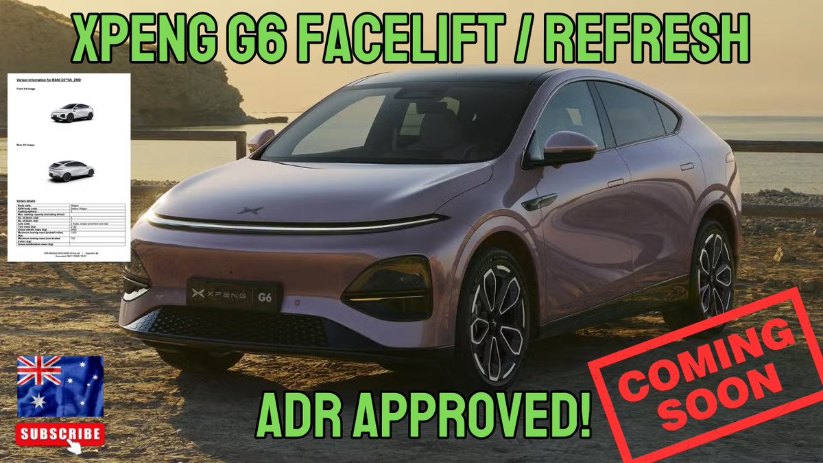 Xpeng G6 Facelift / Refresh coming soon in Australia - It just got ADR Approved today! 
218kW RWD or 358kW AWD?
1500kg Braked towing also approved.

This will be a good one <a href="/Rizflip/">Riz</a> <a href="/LudicrousFeed/">Ludicrous Feed</a> !

youtu.be/FWtM2IXY2Eo?si…