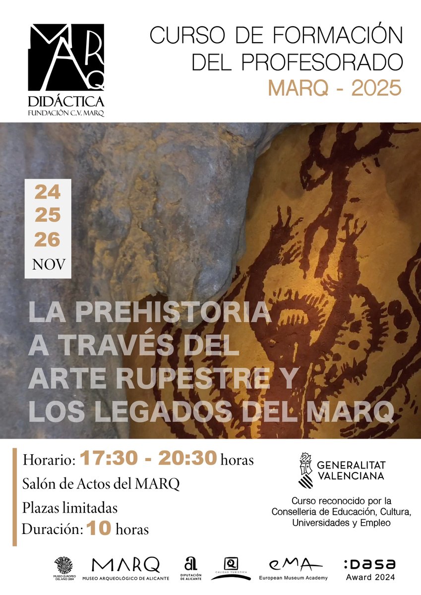 marqalicante's tweet photo. CURSO DE FORMACIÓN PARA EL PROFESORADO
“La Prehistoria a través del arte rupestre y los legados del #MARQ” resultado de la colaboración entre la Fundación #MARQ, el Grupo de Investigación #DICSO de la @UMU y el @IESLaFoiaIbi
Toda la información en https://t.co/YWV5G51LVu https://t.co/Rcogms96X5