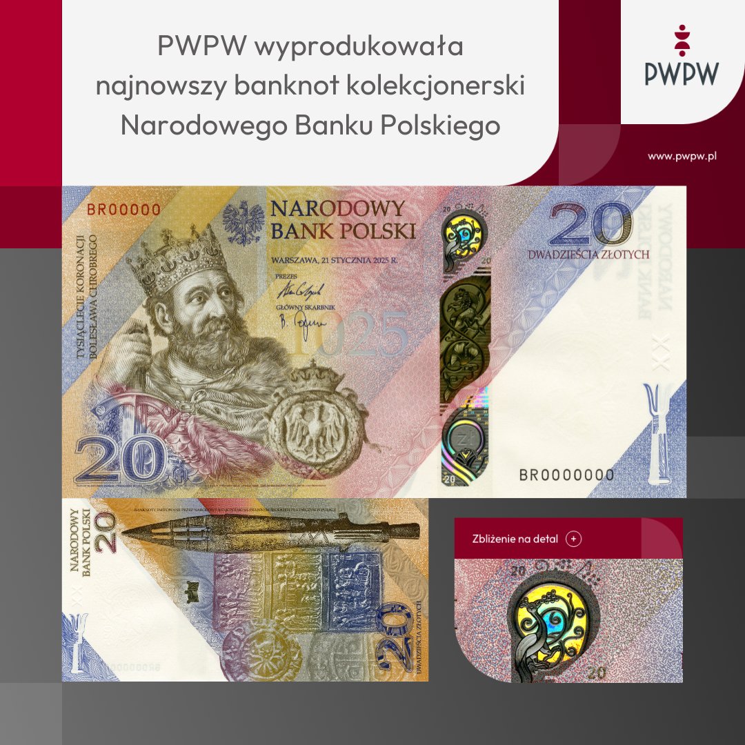 PWPW_SA's tweet image. Tysiąclecie koronacji Bolesława Chrobrego – najnowszy banknot kolekcjonerski @nbppl! Projekt przypomina o jednym z najważniejszych momentów w historii polskiej państwowości. Walor o nominale 20 zł został zaprojektowany przez Agnieszkę Próchniak, a wyprodukowany przez @PWPW_SA.