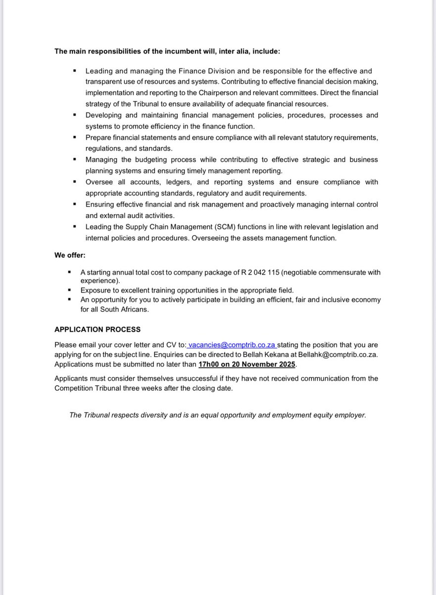 The Competition Tribunal has a vacancy for a Chief Financial Officer (five-year contract). See details below: