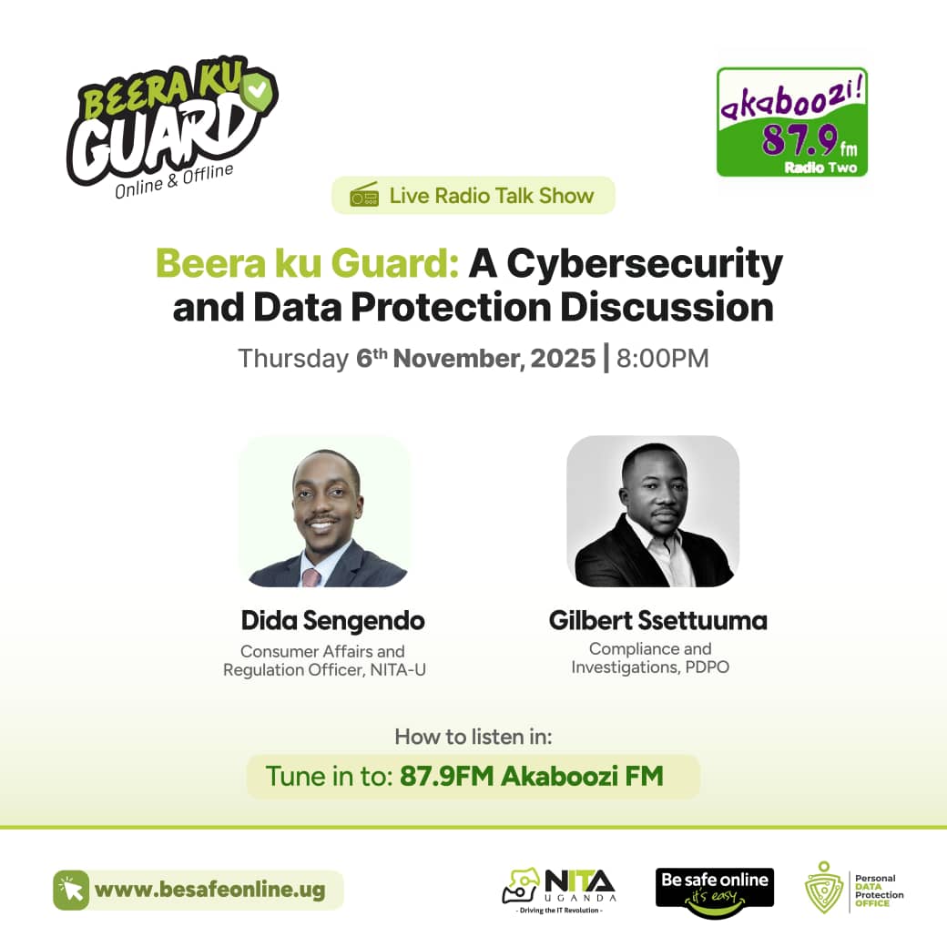 pdpoUG's tweet image. 🔊 Tune in this evening!

Join us for a live radio talk show on Akaboozi 87.9 FM at 8:00 PM as we unpack key issues around cybersecurity and data protection.

Don’t miss out, learn how to stay safe online and protect your personal data! #BeeraKuGuard #PersonalDataisPrivate