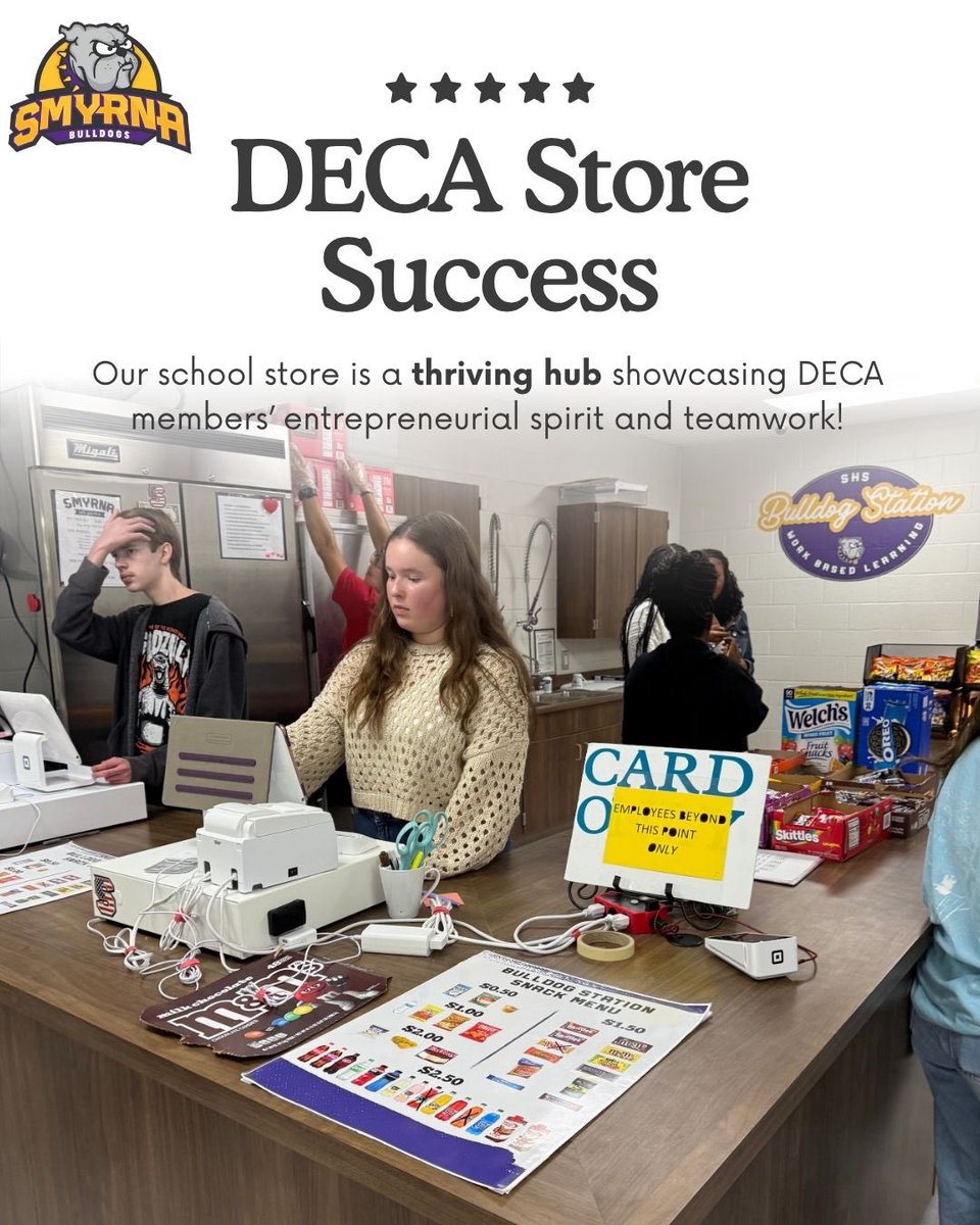 SHSDECA7's tweet image. Fueling DECA success one snack and spirit item at a time! 💪🎉
Our school store — operated by WBL students and DECA members — is our chapter’s #1 fundraiser! #DECAMonth @SmyrnaBulldog 🐶💜#onlyoneSHS