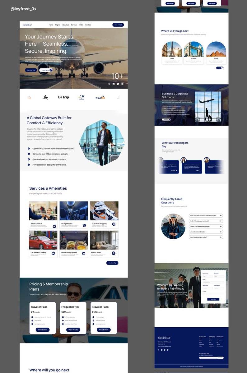 icyfrost_0x's tweet image. So I redesigned one of my old airport landing page and I’ve got to say, practice really does make a difference. So what do you all think 

Hire me now ✉️ together let&apos;s bring your amazing ideas to life ✏️✨

#uiux #UIUXDesign #landingpage #WebDesign #Airport #figma