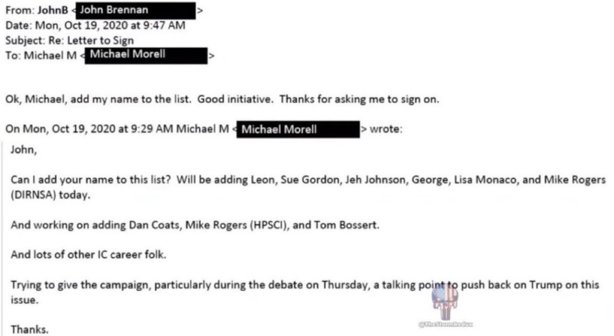 🚨 BOMBSHELL EMAIL: John Brennan ADMITS the 51 intel traitors crafted that Hunter laptop “Russian disinfo” letter for ONE reason—to hand Biden a filthy lie he could spew on live TV and steal the election.

They didn’t just meddle. They rigged 2020.

Lock. Them. Up.

Prosecute