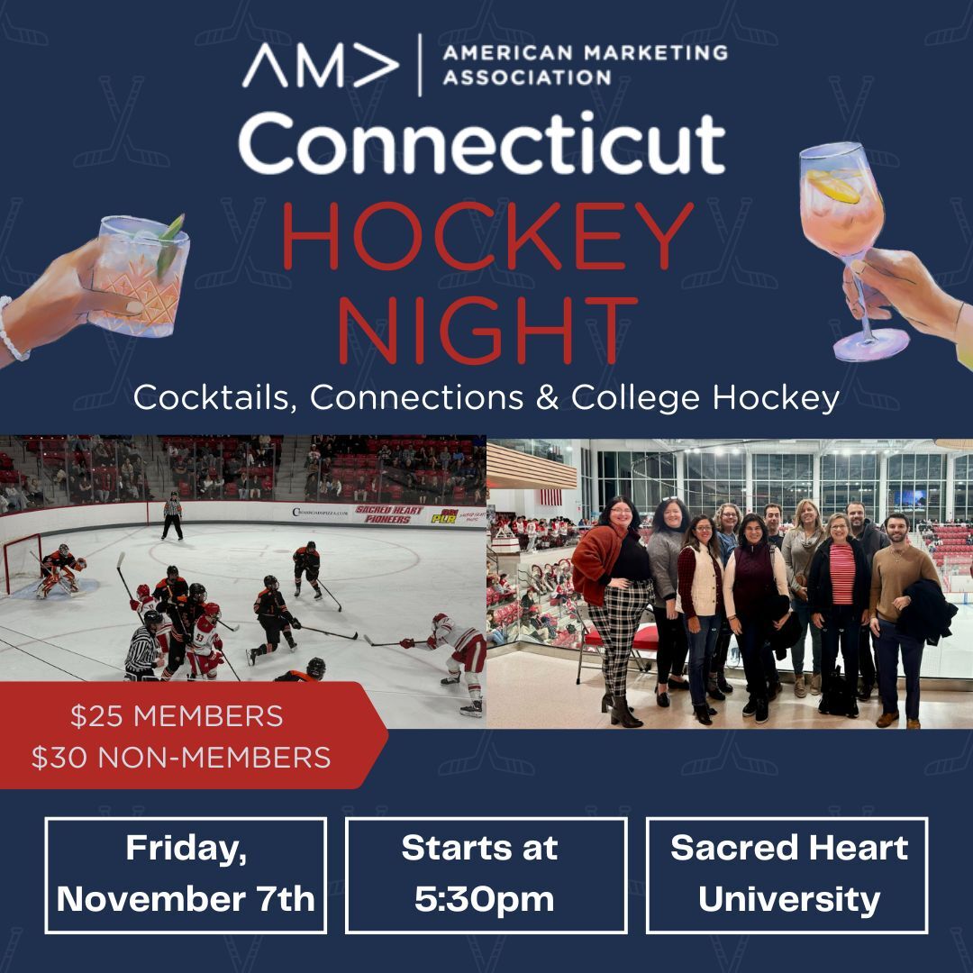 It’s almost game day!
 Join AMACT for Cocktails, Connections &amp; College Hockey — Fri, Nov 7
 Drinks, bites &amp; hockey included
Sacred Heart U | 5:30P Networking
$25 Members  $30 Non-Members
Grab your ticket now zurl.co/lmzhX
 #AMACT #Marketing #Networking #CollegeHockey