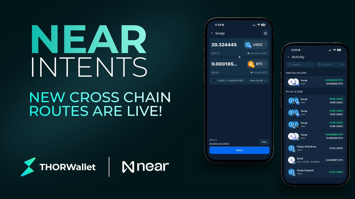 🔗 @Thorwallet integrates NEAR Intents, expanding cross-chain swap  capabilities across dozens of networks! Now live on mobile and web, users  can seamlessly swap between Sui, Solana, Bitcoin, Ethereum, BNB Chain,  Stellar, and