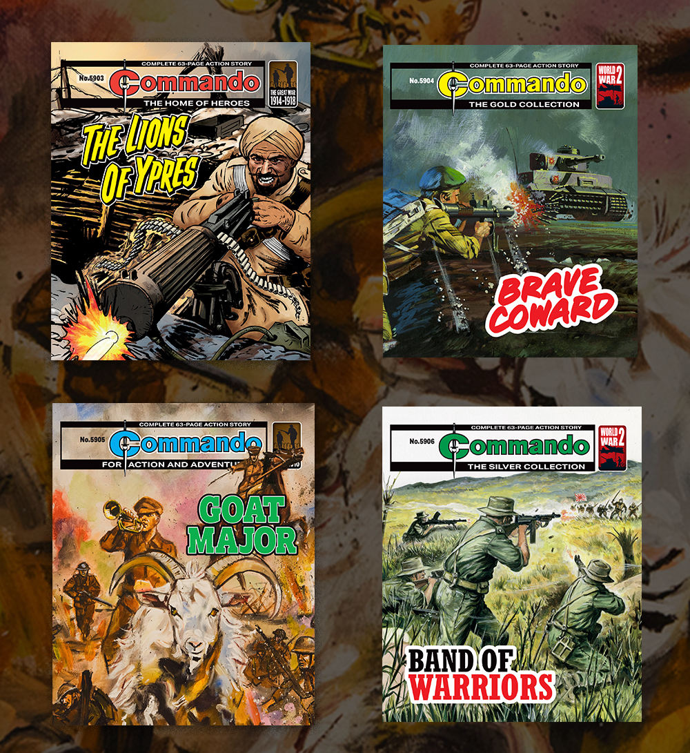 CommandoComic's tweet image. Commando issue 5903-5906 go on sale today! Featuring two First World War Issues and some classic Commando reprints! Get your copies from TG Jones or online from eu1.hubs.ly/H0njTBv0! - QM