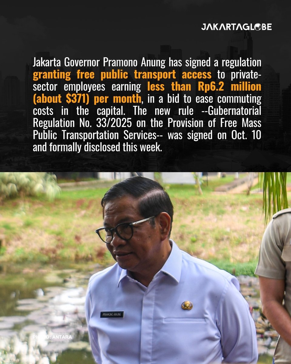 thejakartaglobe's tweet image. The regulation takes effect this month, though technical implementation guidelines are still being prepared by the Transportation Agency.

Read more at jakartaglobe.id!

#Jakarta #MRT #LRT #Bus #JakartaGlobe