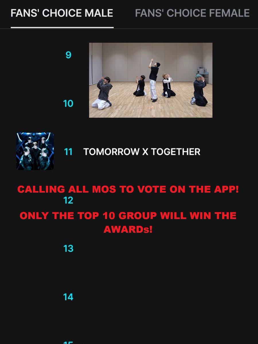 🗳 2025 MAMA 

TXT — #11 🚨🚨🚨

Join the MV in one hour!

Vote here: share.mnetplus.world/2025-mama?hl=e

⚠️ Vote for TXT on THREE categories 
🎯 Goal is TOP 1

WE DO IT FOR LOVE
#tomorrowxtogether
CAN'T STOP VOTING FOR TXT
#2025MAMAVOTE