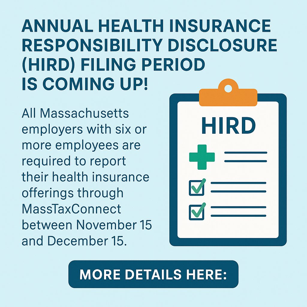 aimhrsolutions's tweet image. 🚨 MA Employers: The annual HIRD filing period is almost here!
Employers with 6+ employees must report health insurance offerings via MassTaxConnect between Nov 15–Dec 15.
loom.ly/7uGP-Dk

#HRCompliance #MassachusettsEmployers #HRUpdates #HRProfessionals #HumanResources