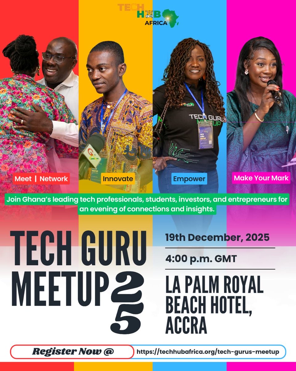 techhub_africa's tweet image. TECH GURU MEETUP 2025
Be part of the top assembly of tech enthusiasts, innovators, students, and industry leaders!

What to expect:
•Networking
•Inspiring panel discussions
•Interactive sessions
•Valuable connections!

 Register now at techhubafrica.org/tech-gurus-mee… 

#Tech #techGH