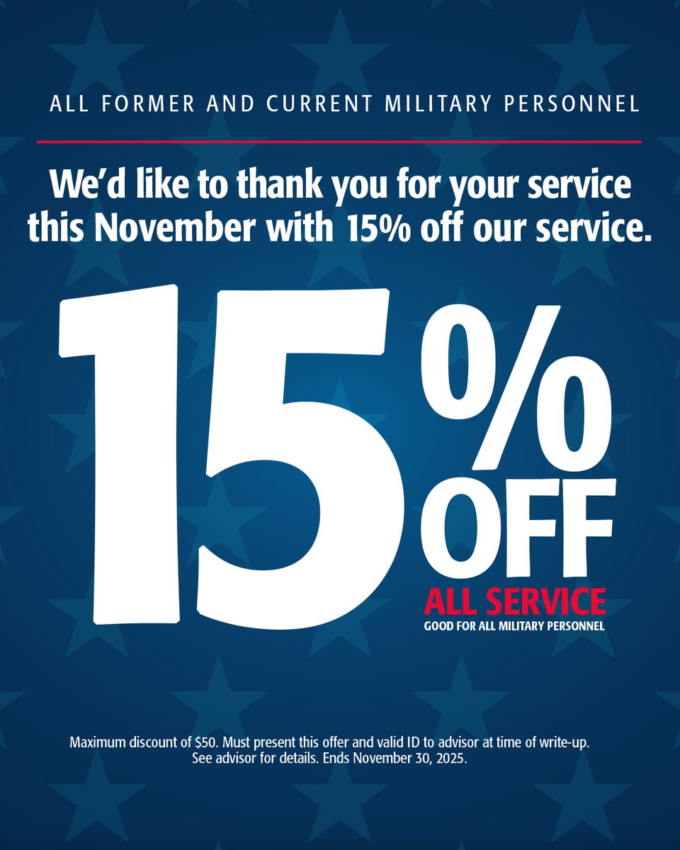 In honor of Veterans Day, and the service of all former and current military personnel, we want to give back all November long.

We're offering 15% OFF ALL SERVICE (up to a $50 maximum discount) to show our appreciation. 

#ThankYouForYourService #MilitaryDiscount #VeteransDay
