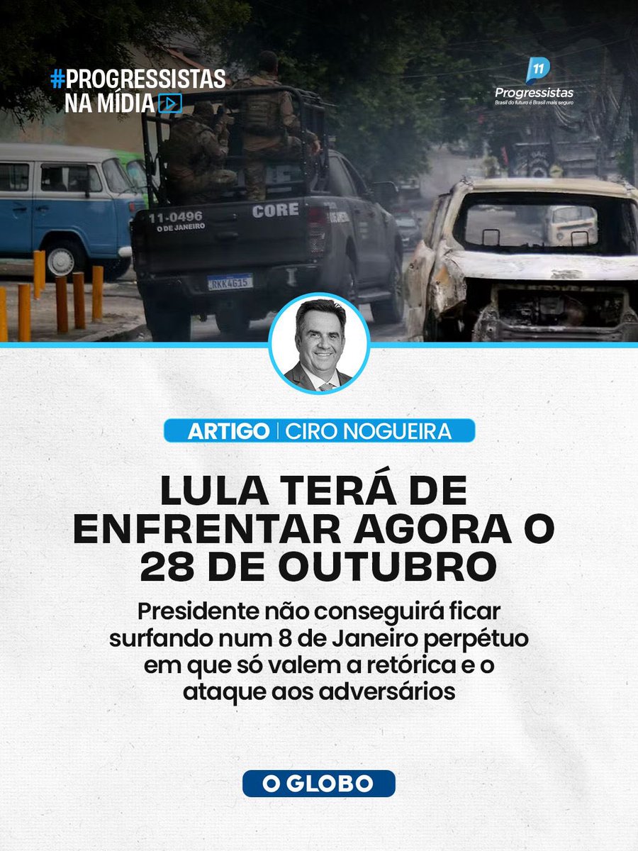 A segurança pública não pode ser tratada com silêncio ou negação. No artigo publicado em O Globo, o presidente do Progressistas, Ciro Nogueira, chama atenção para a gravidade da situação da segurança no Brasil.

Acesse o link:
oglobo.globo.com/opiniao/artigo…