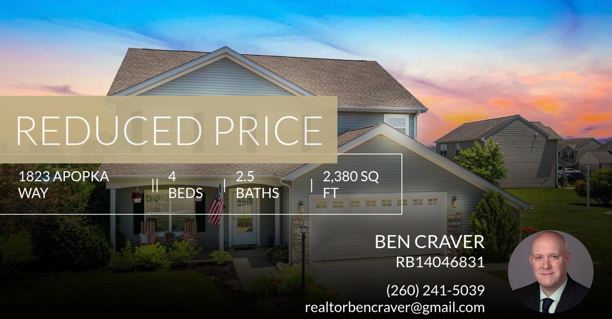 BenCraver's tweet photo. 📍 Reduced Price 📍 This recently reduced home at 1823 Apopka Way in Fort Wayne won't last long, so, don't wait to set up a showing! Reach out here or at (260) 241-5039 for more information! https://t.co/UVm6bnUCFL https://t.co/WOrlmL6mFc