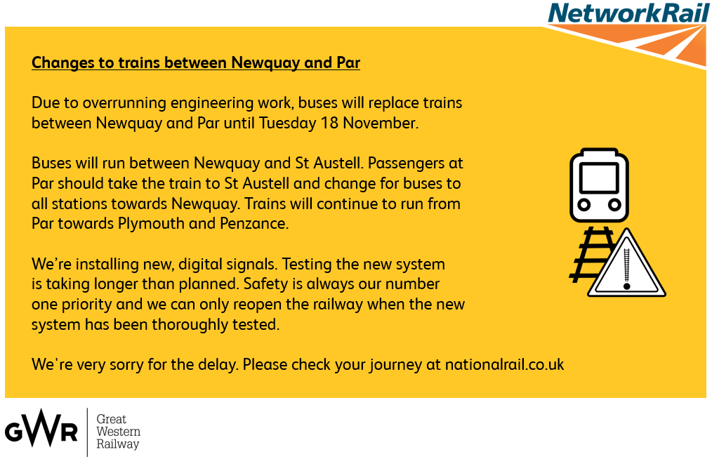 networkrailwest's tweet image. ❗️Buses will now replace trains between Newquay and Par until Tuesday 18 November

🔌We need more time than planned to bring new, digital signals into use 

🚦Safety is always our number one priority and we can&apos;t reopen the railway until the new system has been thoroughly tested