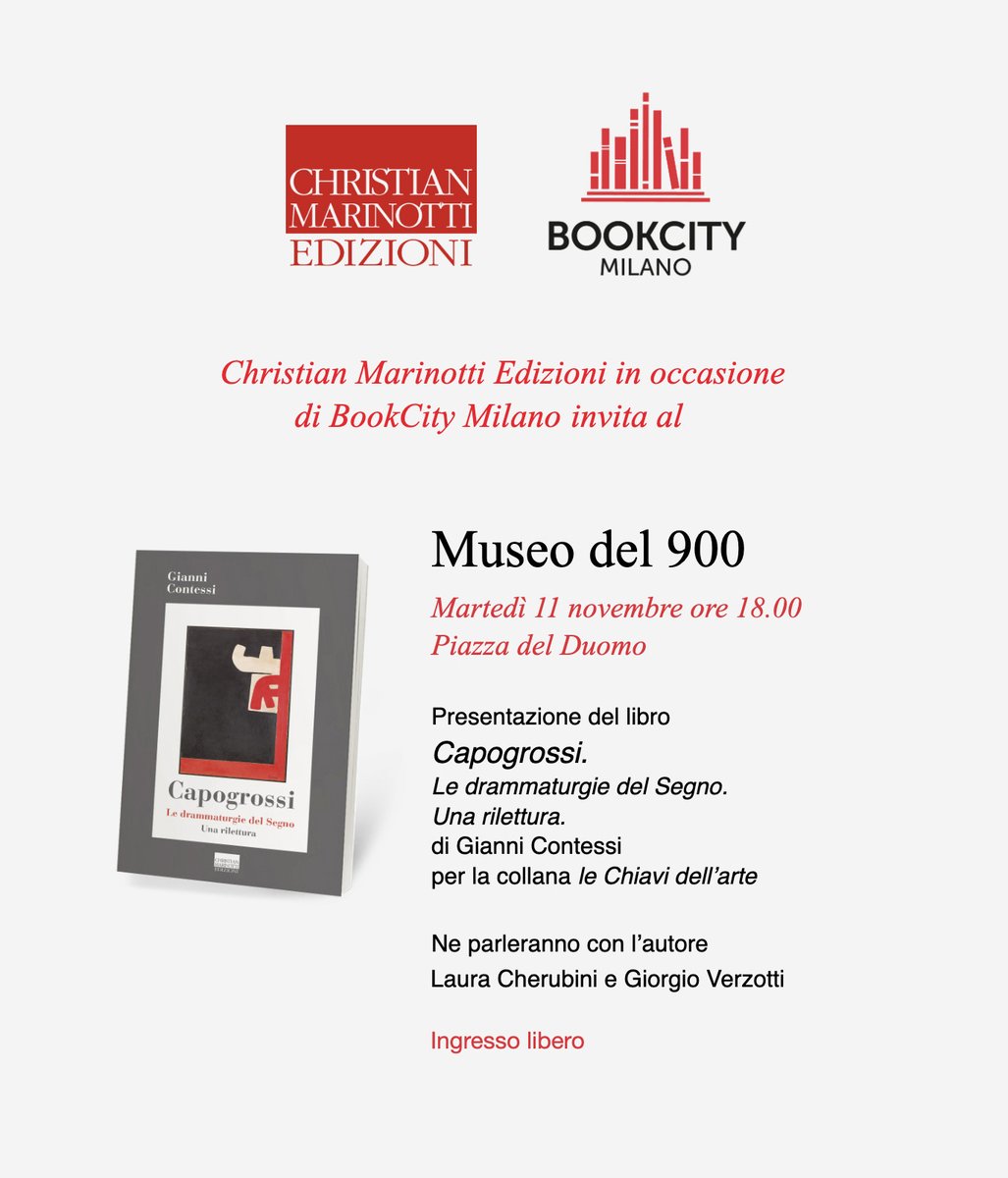 chmeedizioni's tweet photo. Museo del 900 
Martedì 11 novembre ore 18.00
Presentazione del libro 
Capogrossi. 
"Le drammaturgie del Segno - Una rilettura". 
di Gianni Contessi.
Ne parleranno  
Laura Cherubini e Giorgio Verzotti
#giorgioverzotti #lauracherubini #capogrossi @museodel900  #giannicontessi https://t.co/2nrZ0PRsIa