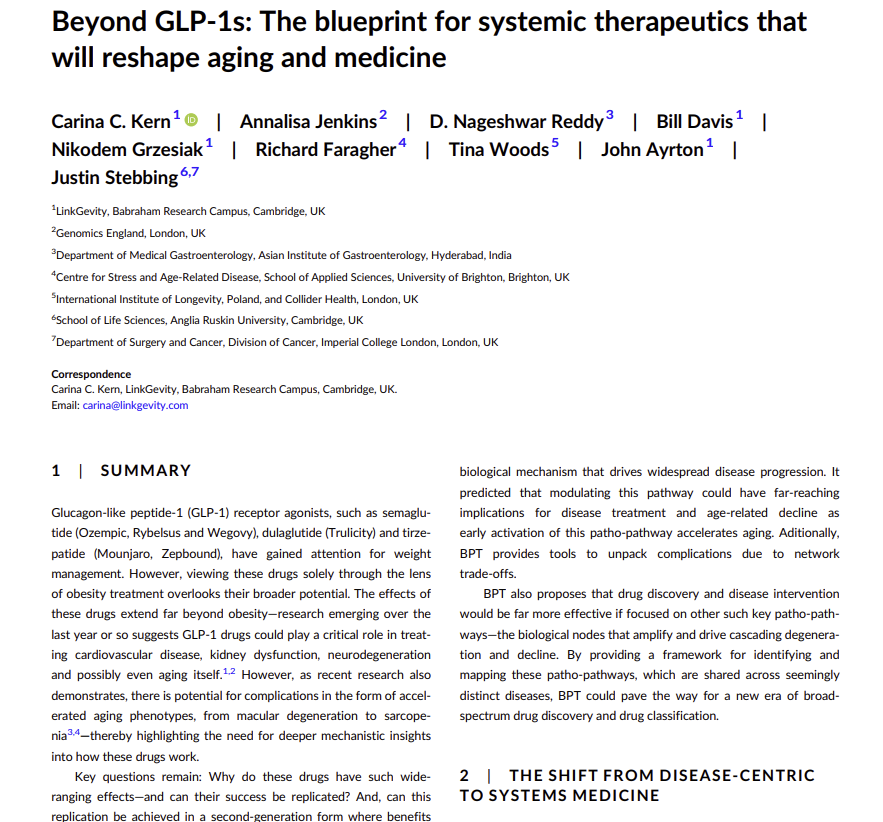 LinkGevity's tweet image. #NewPaper: “Beyond GLP-1s: The #blueprint for #systemic #therapeutics reshaping #aging &amp;amp; medicine” 🧬Aging is the biggest challenge of our time. 
Our #BlueprintTheory predicted GLP-1s’ systemic effects- and maps the #nextwave of drugs that could slow aging itself.  #Longevity