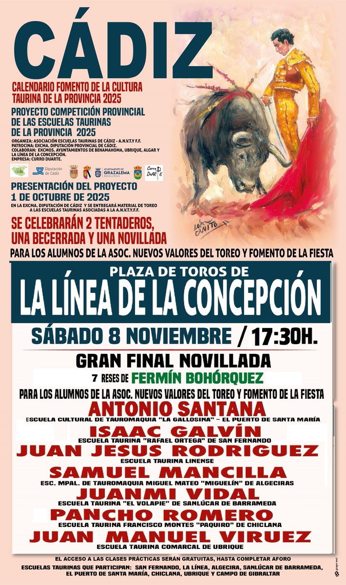 #Actualidad #Temporada25 #NoticiasEscuelas

👉Sábado 8.11 (17:30 horas) 

✍️La Línea de la Concepción (Canal Sur TV)

➡️Gran Final para novilleros sin picadores de la XIII Competición Provincial de las Escuelas Taurinas gaditanas